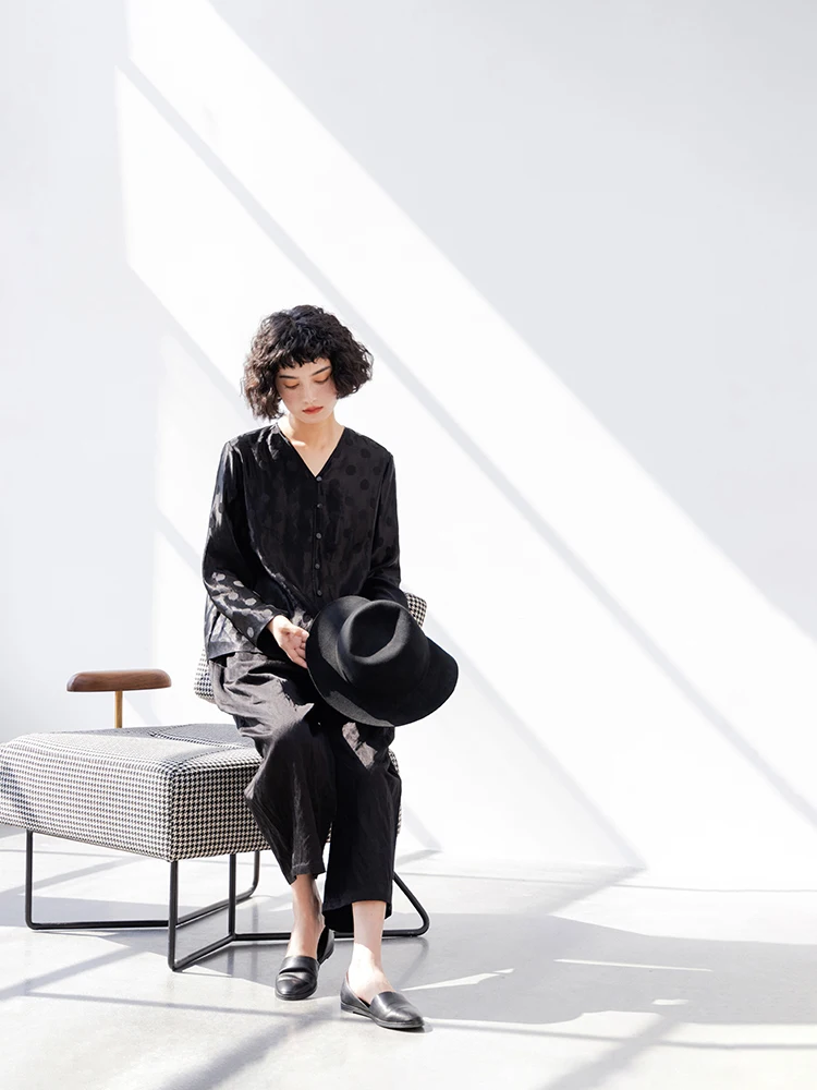 

New Le Collection Silk Linen Polka Dot Two Tone Autumn V Ne Single Button Long Sve Slimming Top Ele Song