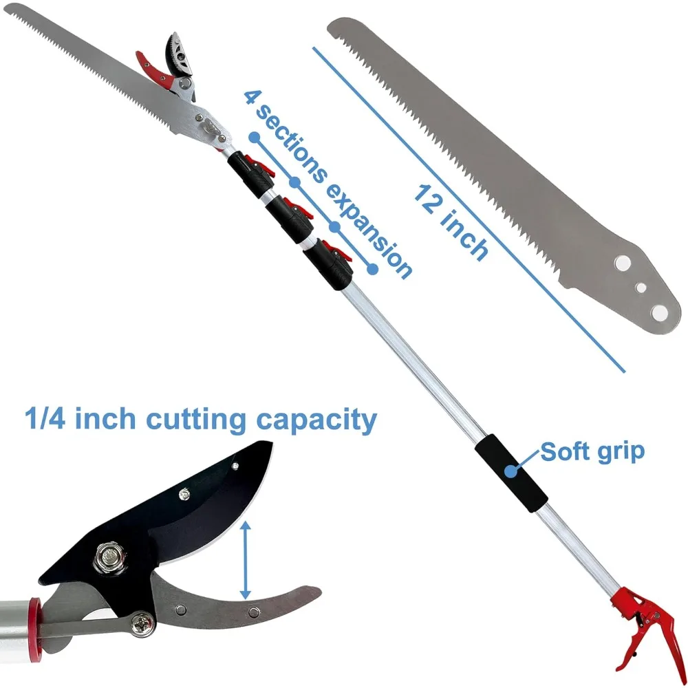 Tree Pruner Extendable,Tree Trimmer Telescoping,Long Handle Pruning Shears, Cut and Hold Clippers, Pole Saws Branch Cutter