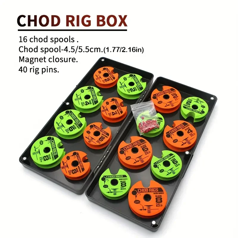 Rigtrip Carp Fishing Chod Rig Box - Compact Durable Plastic Storage Case with 16 Chod Spools, 40 Rigs & Magnetic Closure, Dark G