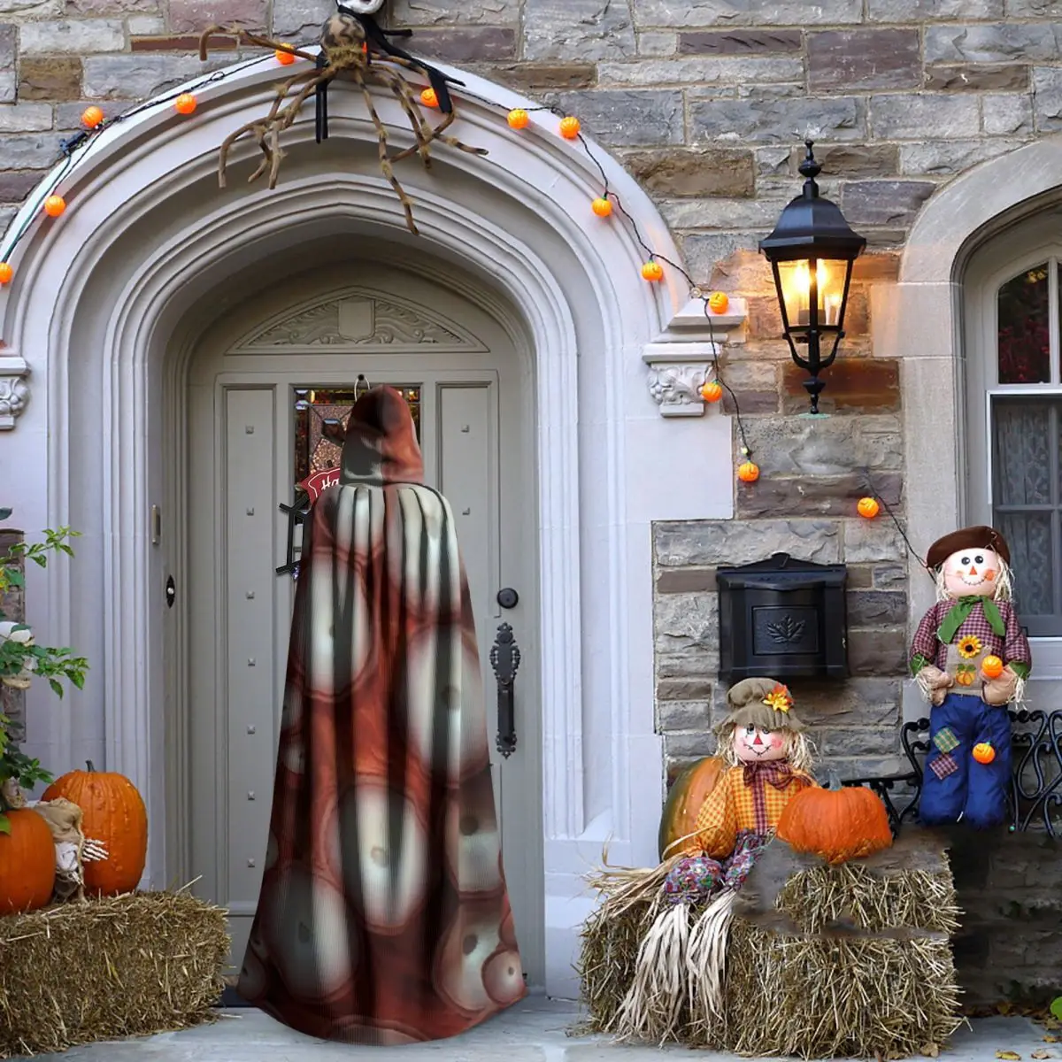 الأزرق والأبيض الأخطبوط مخالب الإطار طويل مقنعين عباءة الساحرة القرون الوسطى زي تأثيري كيب هالوين معطف الكبار للجنسين