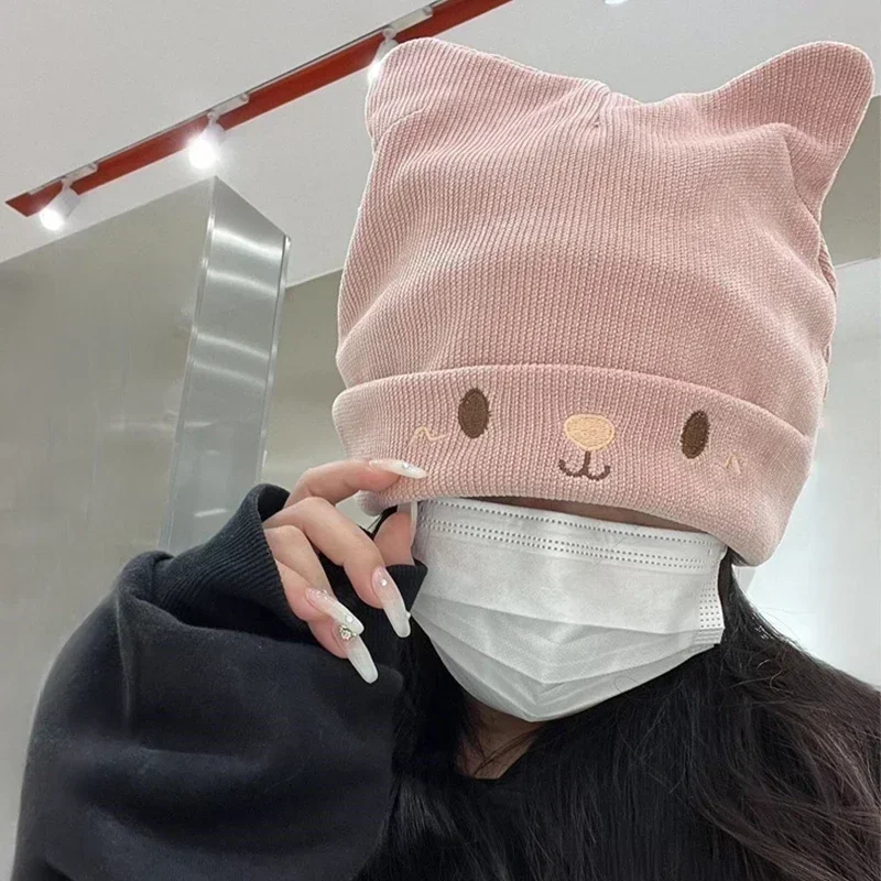 Solid Color Autumn Winter Wool Knit Hat Women Girls Warmer Ear Protection Beanie Hats Cartoon Cute Cat Ears Knitted Cap Bonnet