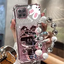 A 93 A 94 A 60 Airbag Glitter Mirror Rabbit Phone Holder Case On For Oppo A60 A74 A92S A93 A94 4G 5G Anti-knock Stand Back Cover
