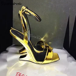 Gold Strange Style Sandals Women Square Toe Wedges Ankle Strap One Word Belt Sandals Summer New Fashion Super High Heel Sandals