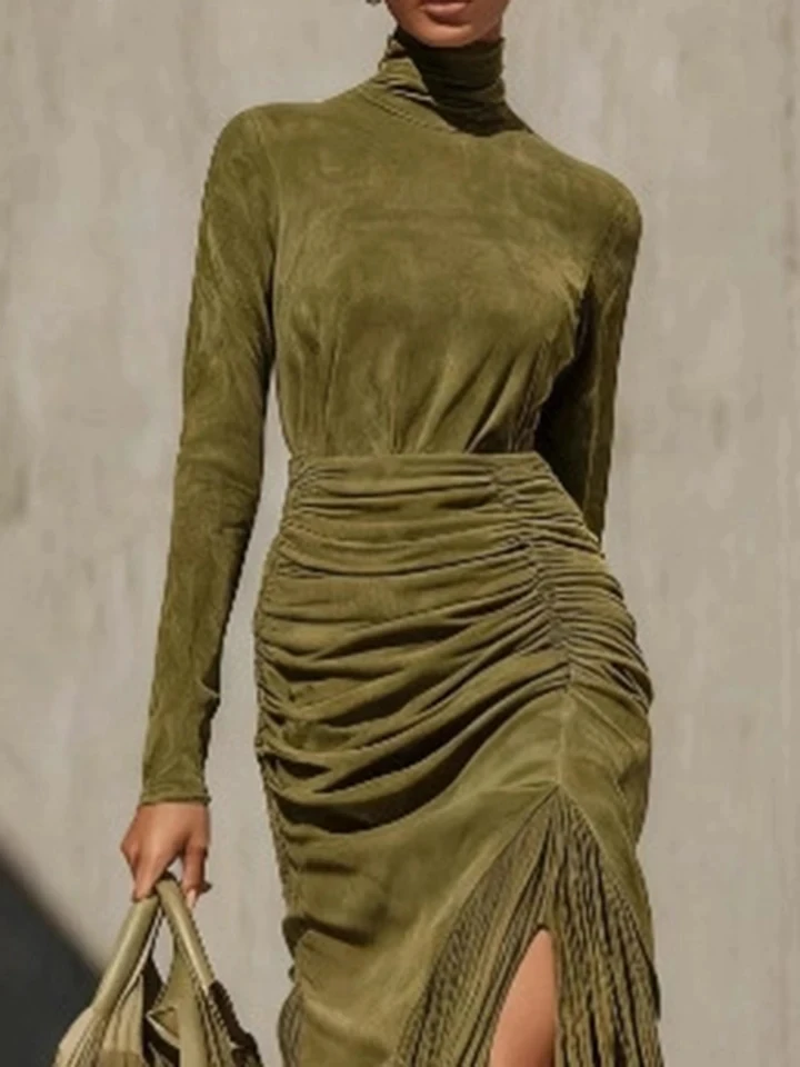 

Temperament High Waist Long Sleeve Solid Dress Elegant Lady Turtleneck Fit Commute Dress Vintage Velvet Tassel Hem Banquet Dress