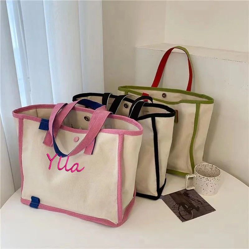 Personalized Name Fashion Contrast Canvas Bag Ladies Handbag Monogrammed Custom Embroidery Art Canvas Shopping Shoulder Bag