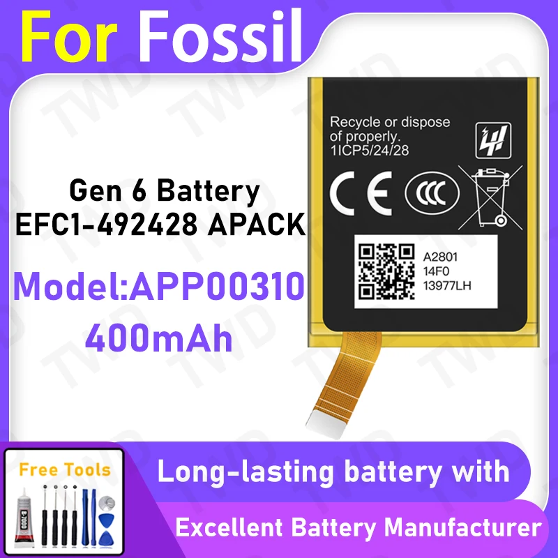 100% New 400mAh APP00310 Battery For Fossil Gen 6 /EFC1-492428 APACK Battery Replacement Bateria+Free Tools