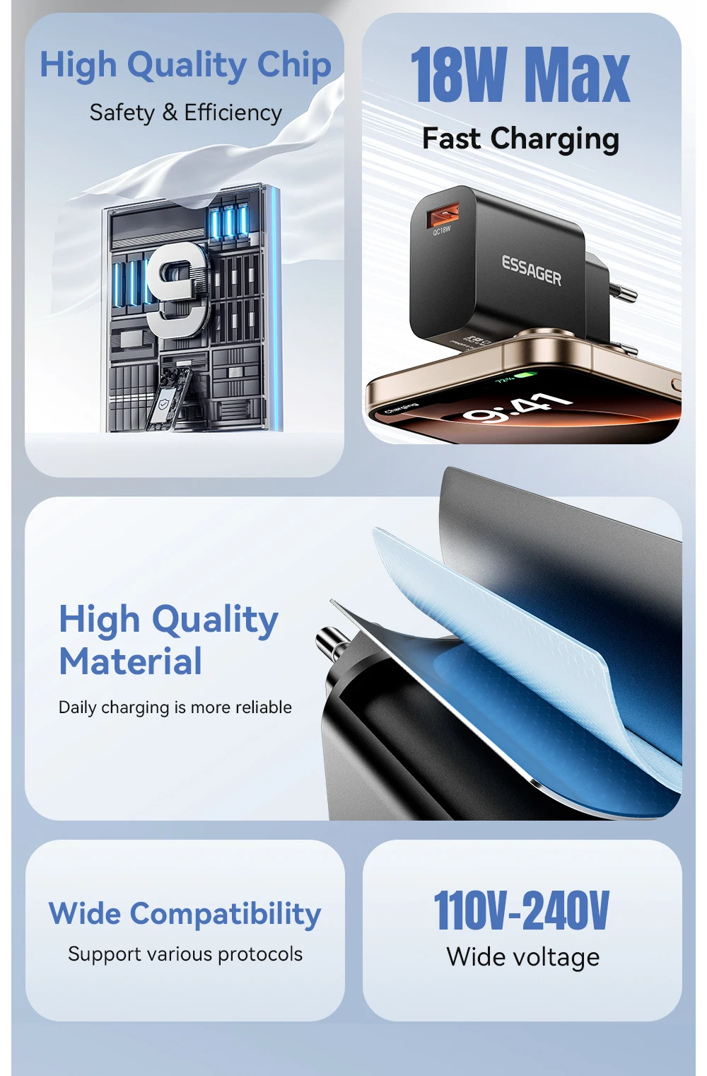 Essager 18W QC3.0 USB A Charger USB Quick Charge 3.0 Fast Wall Charger for Samsung S24 Huawei Xiaomi iPhone Mobile Phone Charger