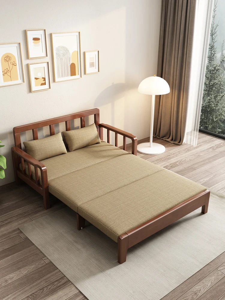 Folding sofa bed, all solid wood pull-out seat and sleeping small unit living room, modern multi-functional retractable double