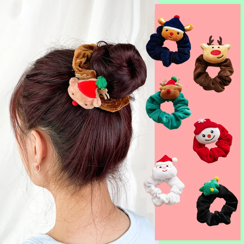 

Girls Christmas Flannel Ponytail Holder Hair Ties Santa Claus Elk Velvet Hair Rope Creative Kids Scrunchies Hair Accessories