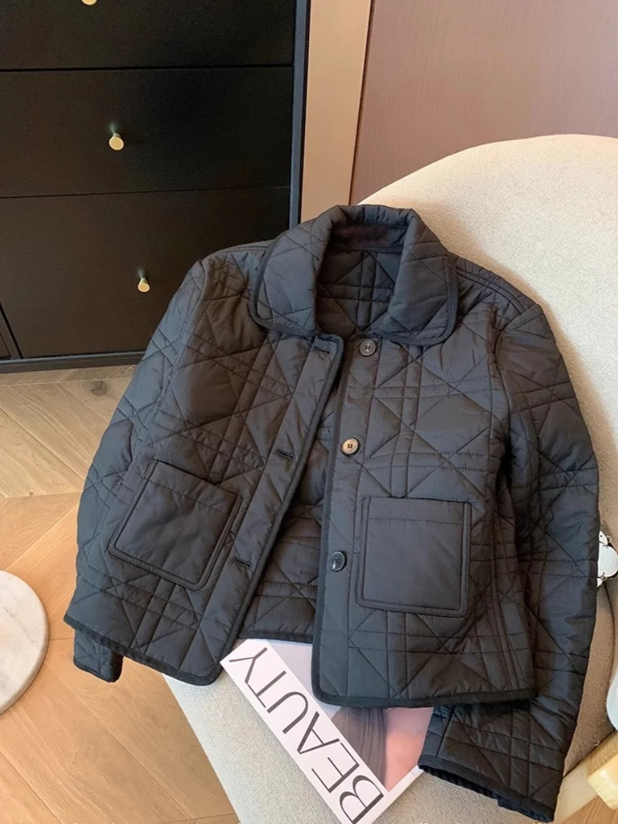 New Autumn Winter Cotton Jaet Salt Series Light Maturi Godd Sle ort Bla Diamond Light Thin Cotton Coat Women's F...