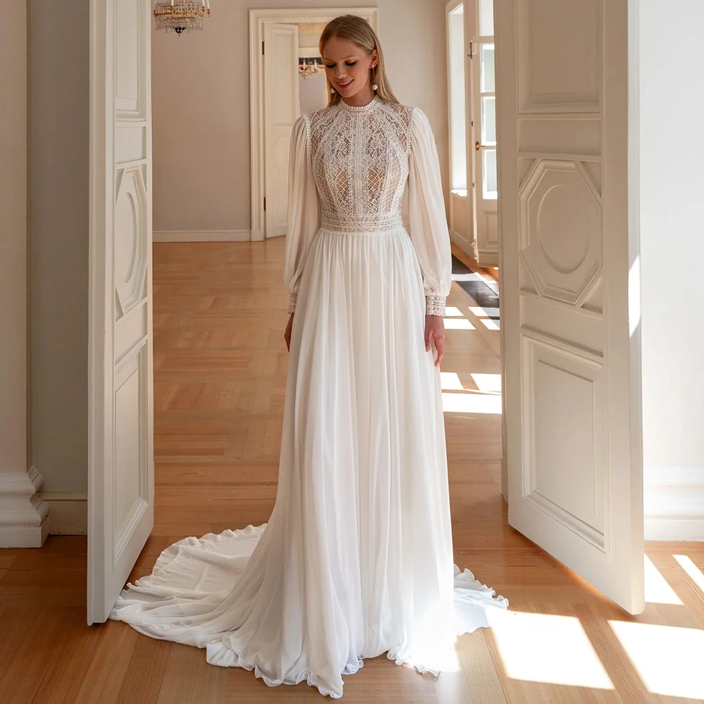 

Classic White Chiffon Wedding Dress with Long Sleeves Lace O-Neck Beach Side Slit Bridal Gowns Vestidos De Novia Customized