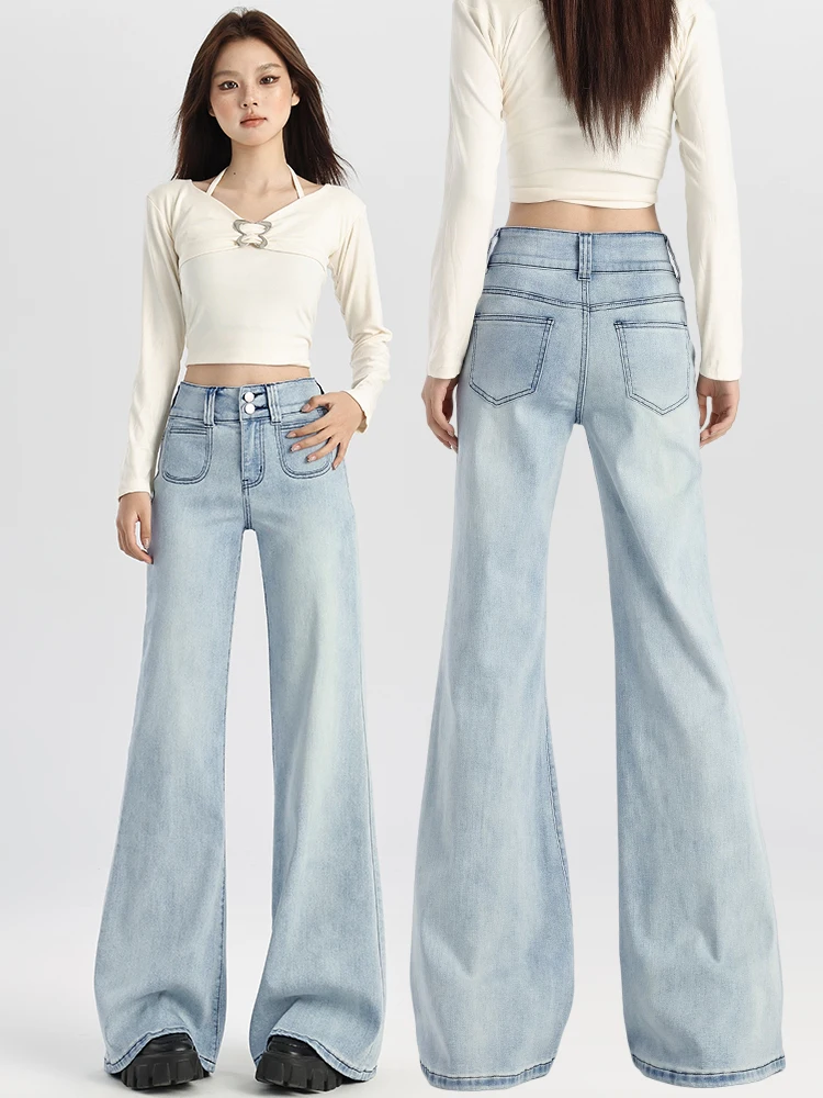 

Женские джинсы с высокой талией и широкими штанинами, осенне-зимняя новинка, свободный крой, синие, с эффектом похудения, повседневные, с высокой талией