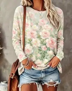Women Crew Neck Long Sleeve Sweatshirt Vintage Watercolor Rose Floral Print Casual Loose Pullover Ladies Daily Tops