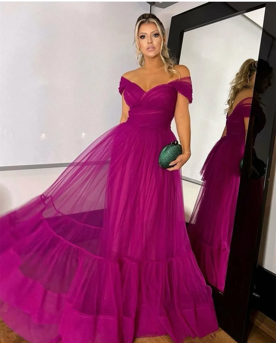 Customized Long Tulle Fuchsia Evening Dresses with Pleats A-Line Off Shoulder Lace Up Back Abendkleid Robes de Soirée for Women