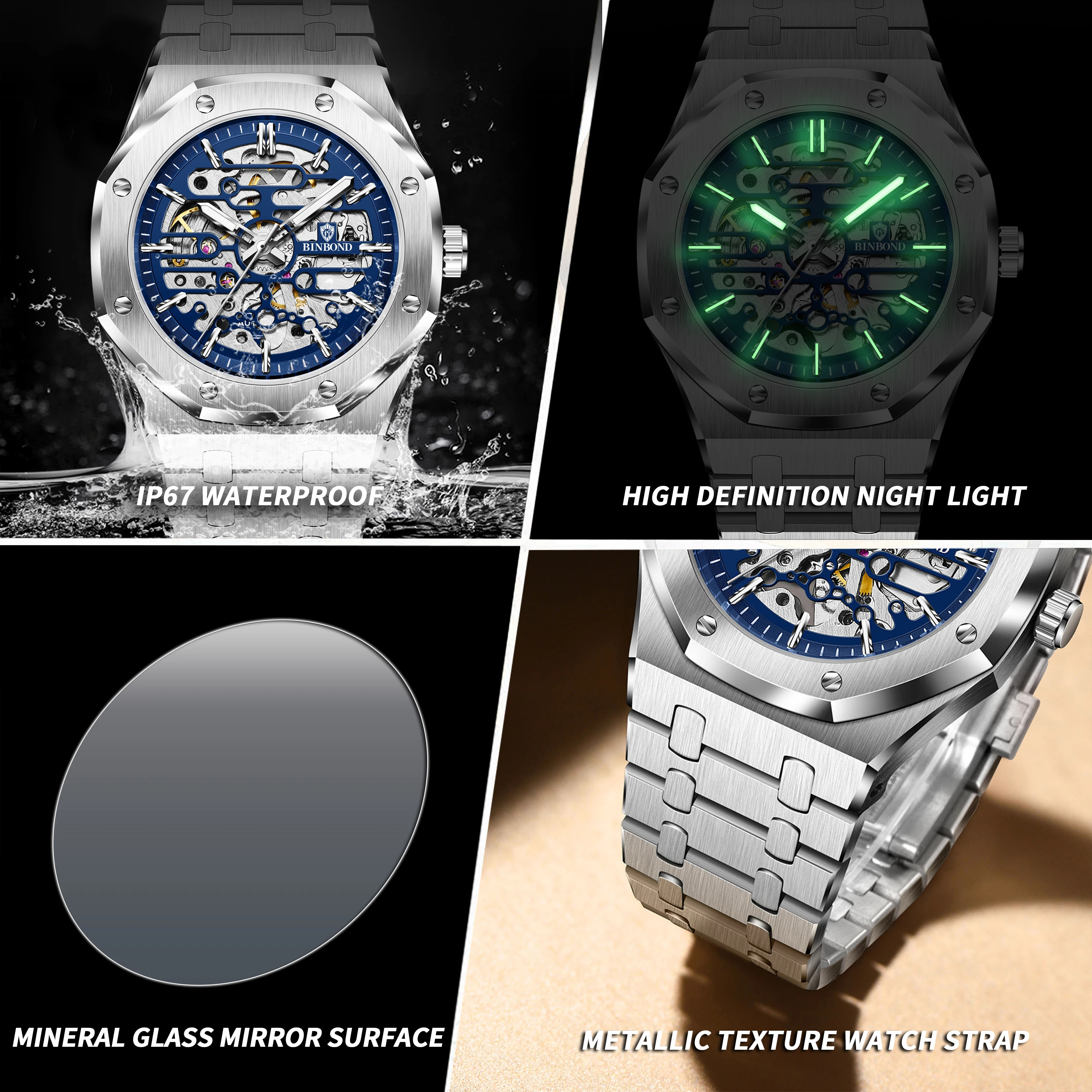 BINBOND, reloj deportivo de lujo a la moda para hombre, luz nocturna, reloj mecánico automático resistente al agua