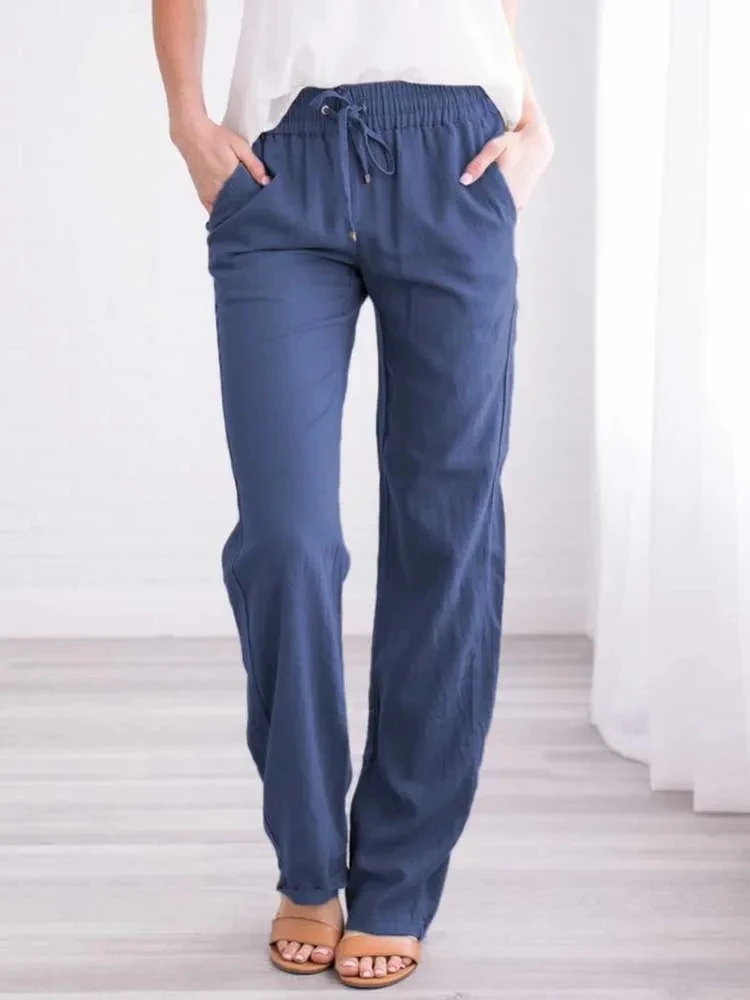 2024 Spring New Spring And Summer Women's Cotton Linen Drawstring Loose Wide-Leg  Pocket Pants Hot Sale Long Trousers