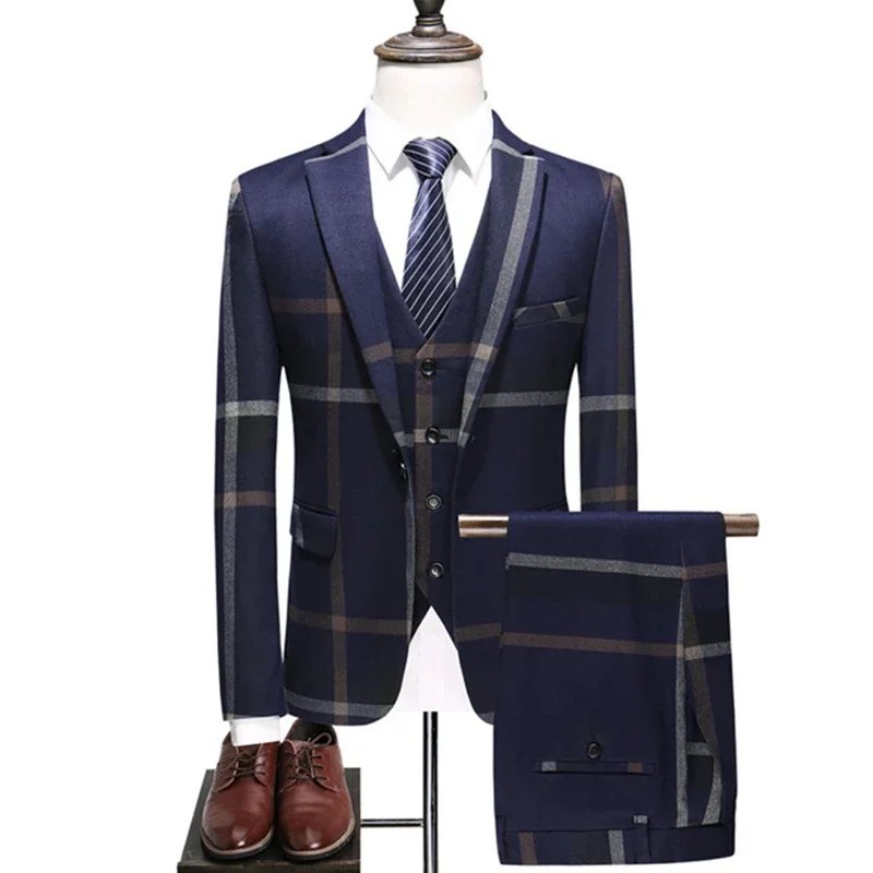 Men's Wedding Plaid Blue Gray Suit Jacket, Pants Vest, 3-piece Slim Fit Business Tailcoat, Classic Formal Suit Jacket