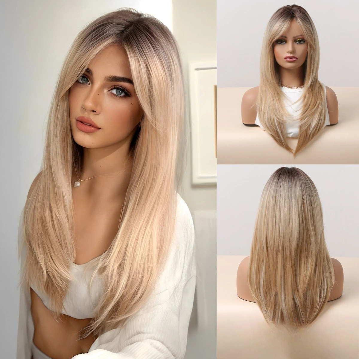 

Wig female gradual change gold eight-character bangs gradient long hair domestic silk whole headgear modeling