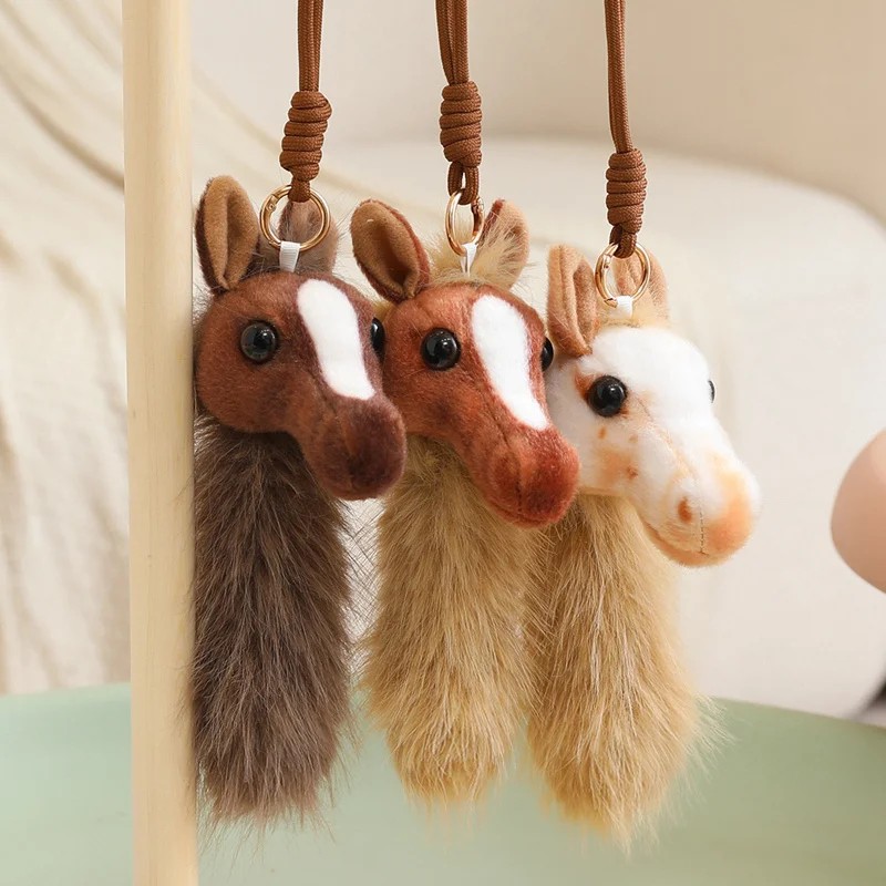 Creative Horse Head Plush Pulling Thread Toys Delicate Lifelike Horse Hanging Toys Funny Keychain Bags Decor Cute Kids Gift