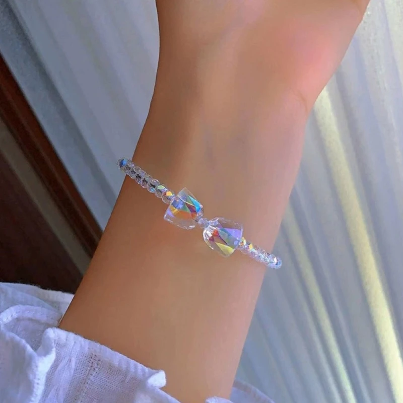 Elegant Colorful Crystal Beads Bracelet for Women Stylish Bownot Stacking Bangle Beaded Wrist Chain Jewelry Wedding Gift