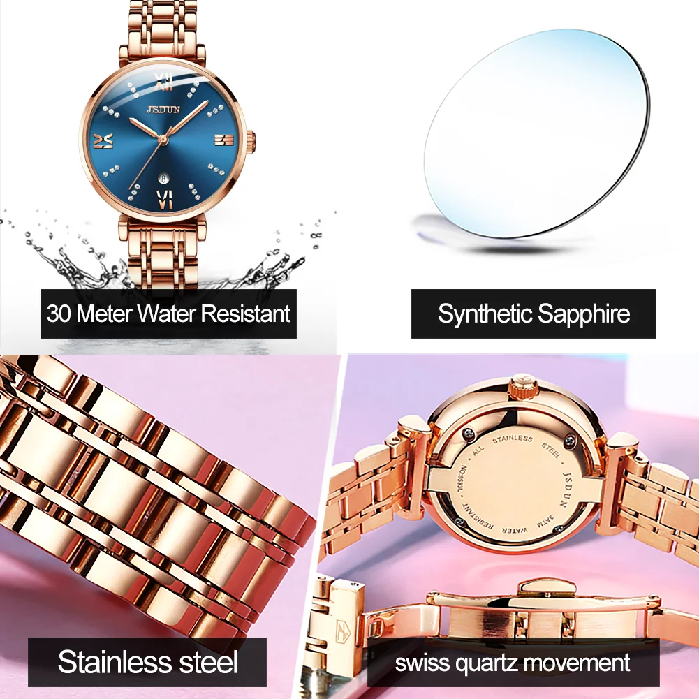 JSDUN Imported Swiss Quartz Watch for Women Luxury Rose Gold Sapphire Crystal Elegant Ladies Wristwatch Waterproof Girls Watch