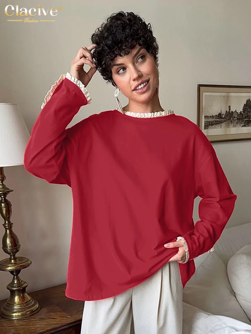 

Clacive Spring Loose Red Women's Shirt 2026 Fashion O-Neck Long Sleeve Lady Shirts Elegant Classic Spliced Top Female Clothing