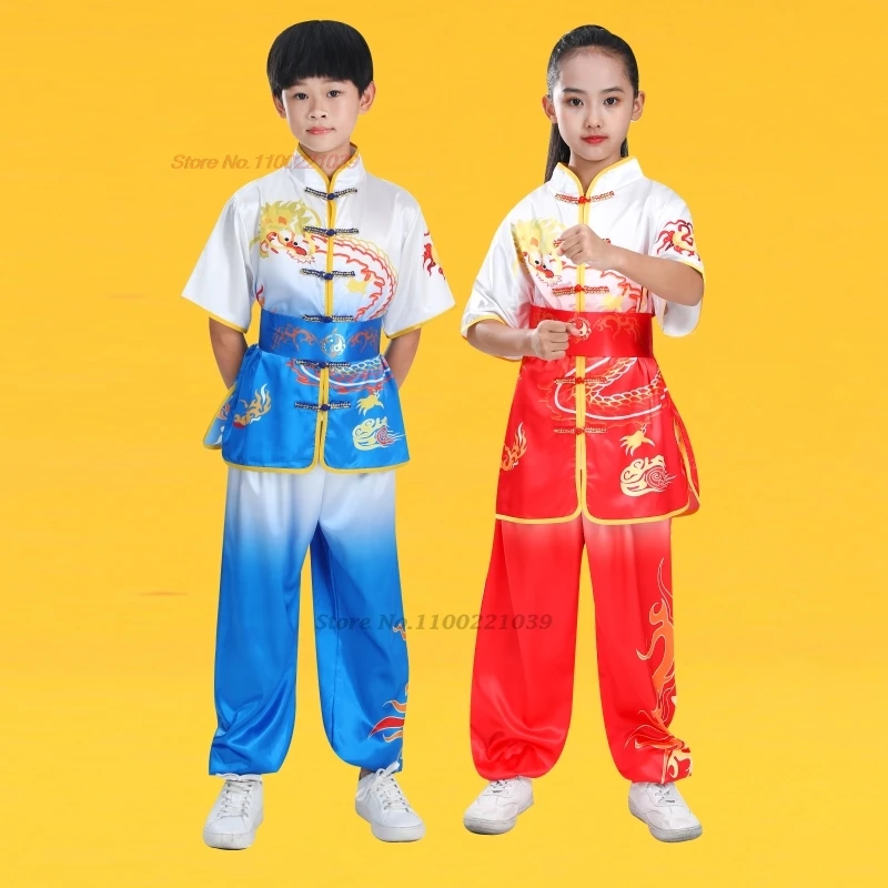 2025 chinese children wushu tai chi uniform wushu kung fu suit martial arts gradient color dragon print training exercise set