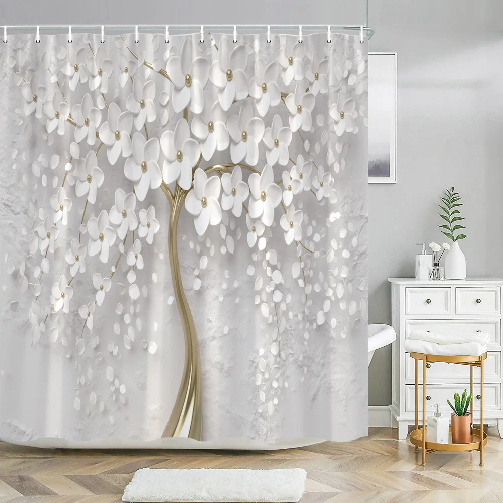 Elegant Bouquet of Fantastic White Flowers 3D Style Shower Curtain Bathroom Curtain with Bath Rug Carpet Set Floral Home Decor