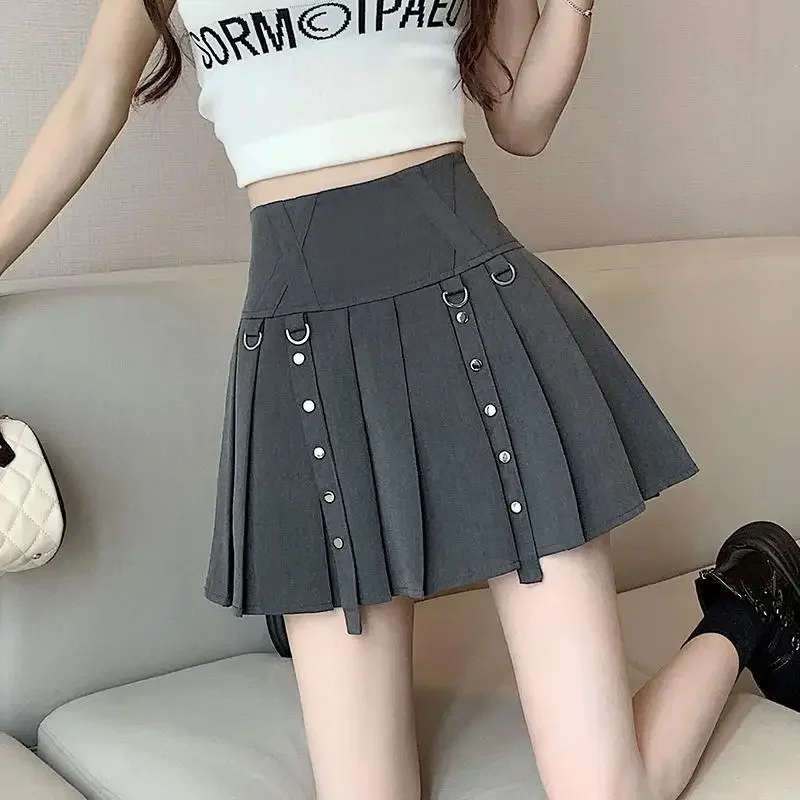 

High Waist Pleated Skirt New Preppy Style Bright Line Decoration Solid Color Skirt Femme All-match Patchwork A-line Skirt A47