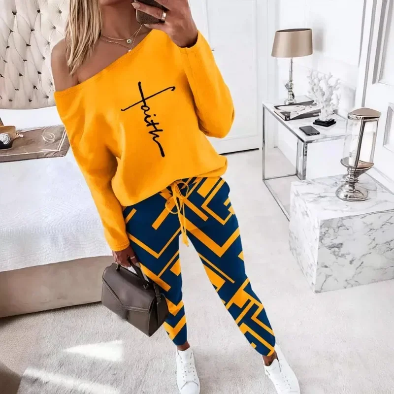 Spring Summer New Women's Clothing Contrast Color Oblique Shoulder Long Sleeve Top Trousers Casual Suit