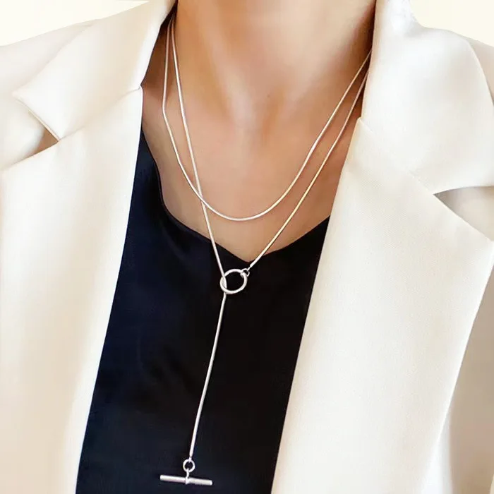 

N S925 Silver Simple OT Double-layer Snake Bone Chain Women's Silver Necklace OT Buckle Around Two Circles Long Sweater Chain