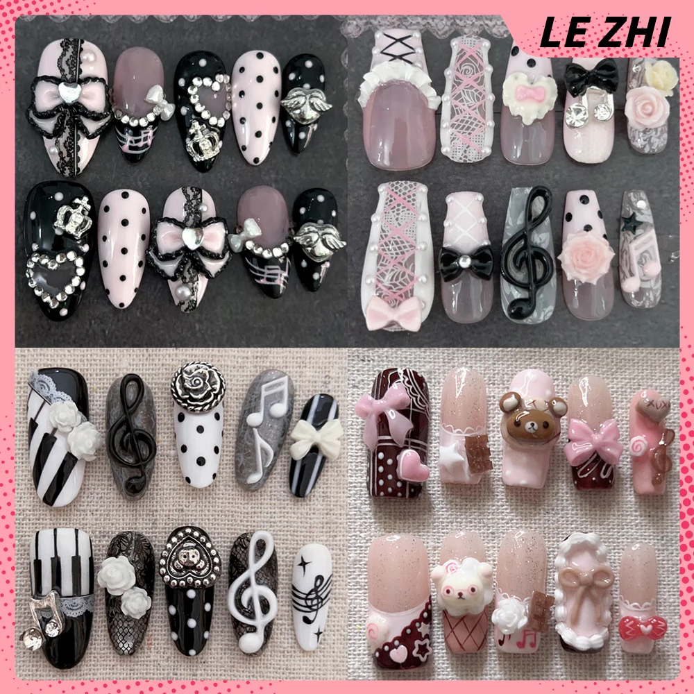 

Y2K Cartoon Rilakkuma Long Coffin Stiletto Handmade Wearable Press On Nails Polka Point Bowknot Musical Notes Nail Party Sticker