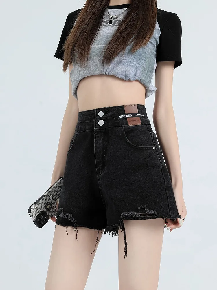 

High Waist Loose Fit Denim Shorts Women's Summer Slimming A-Line Hem Hot Pants Cotton Polyester Blend Short Length