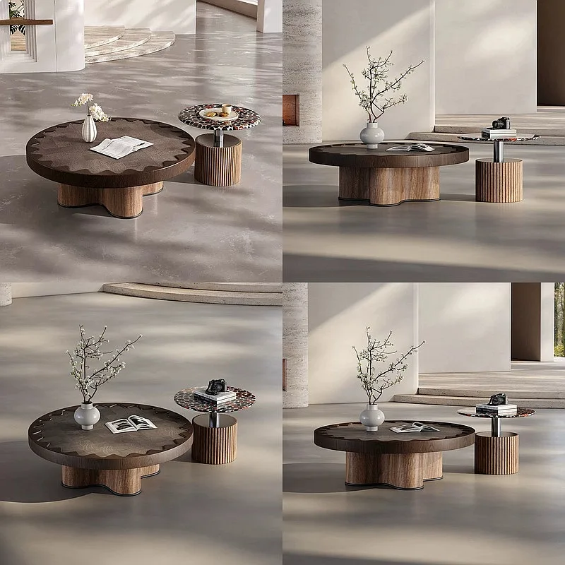 Vintage Solid Wood Coffee Table Set for Small Living Room Walnut Round Designer Center Table