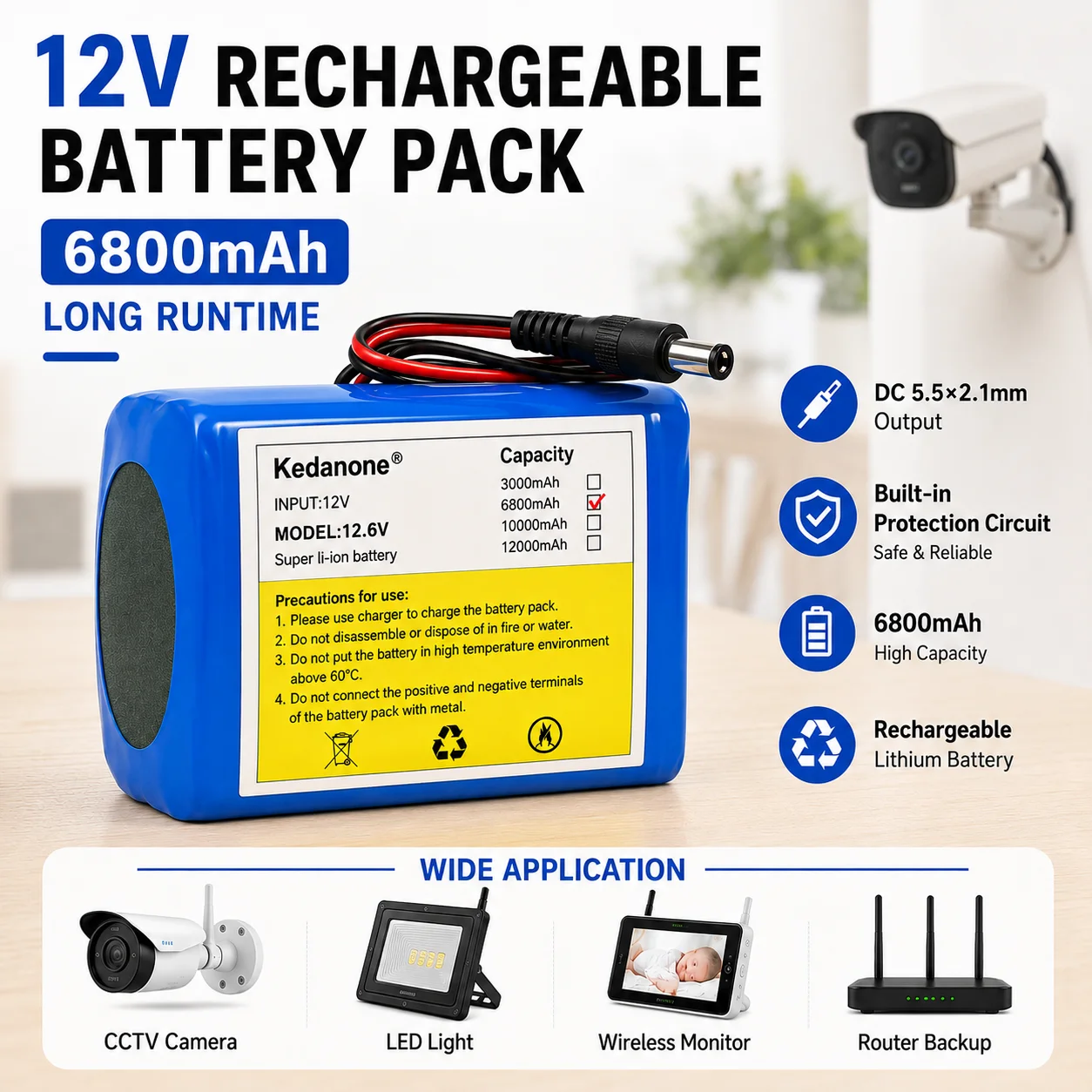 18650 12V 6800mAh Lithium Battery Pack with Protection Board for LED Lights and Surveillance Cameras Large Capacity Battery Pack