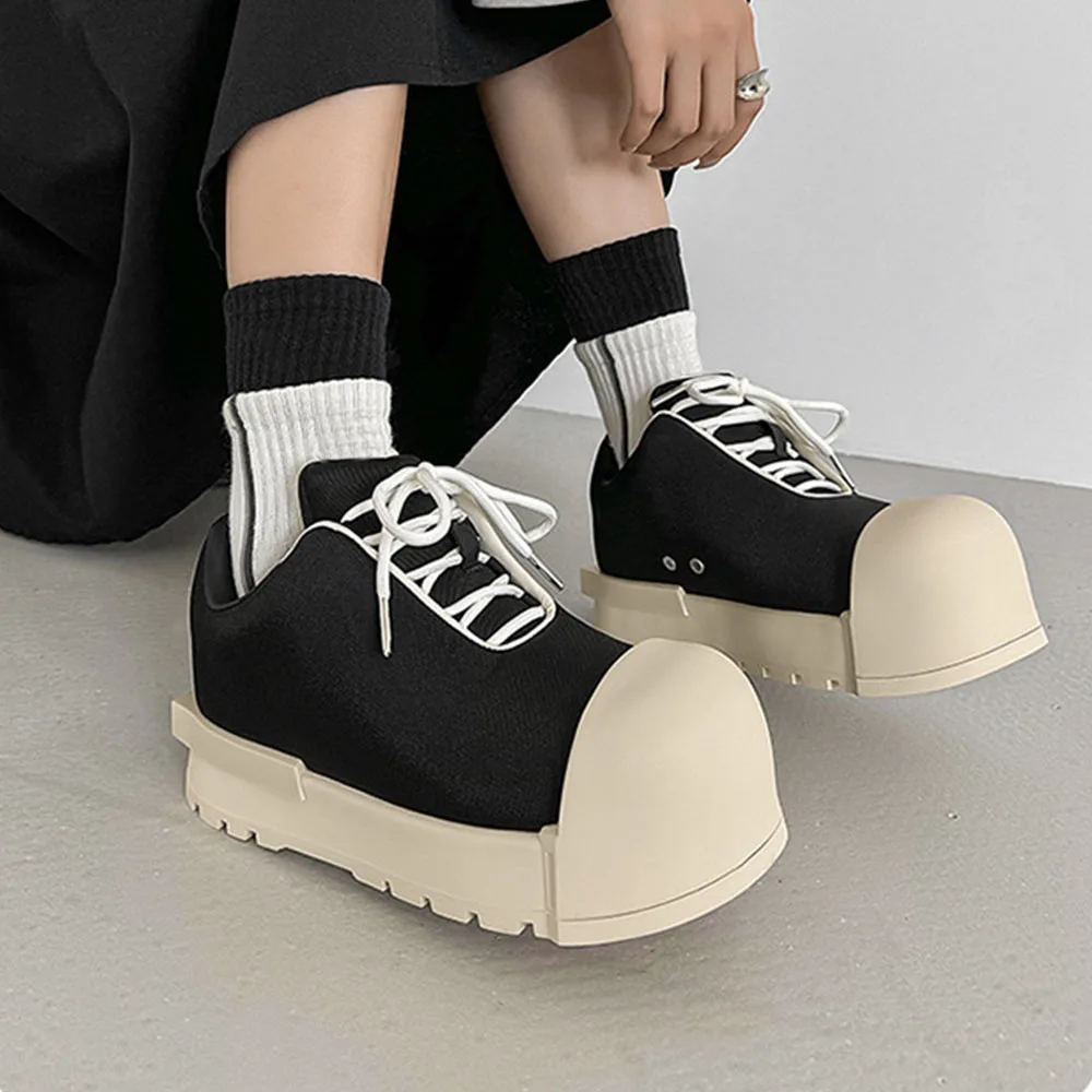 RIBETRINI Leisure Big Round Toe Lace-UP Flats Shoes Platform Block Heel Mixed-Color Couple Sports Shoes All-Match Casual Shoes