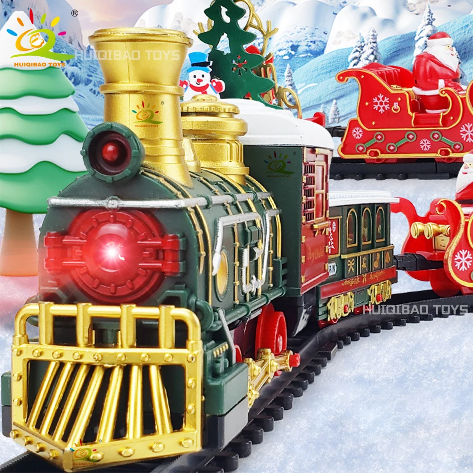 HUIQIBAO Christmas Tree Electric Train Tracks Set Santa Claus Cargo Cars With Xmas Sounds Lights Toys For Adult New Year Gift