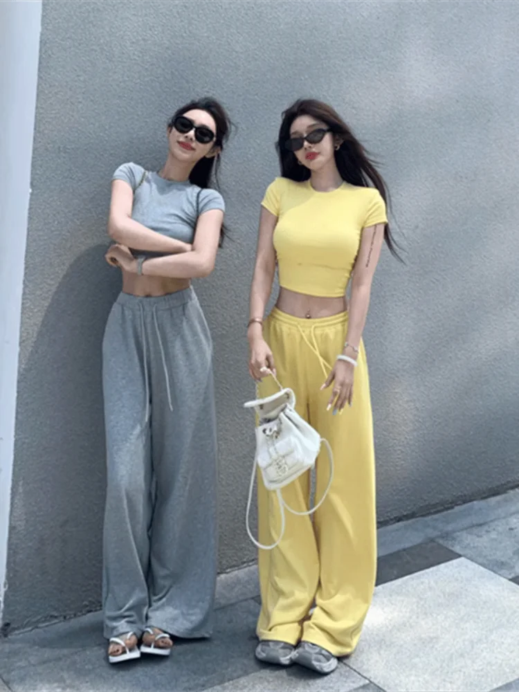 

Fashionable Casual Sportswear Set Women Summer Spicy Short Sleeve round Neck T-Shirt Wide Leg Pants Two Piece Trendy Outfit