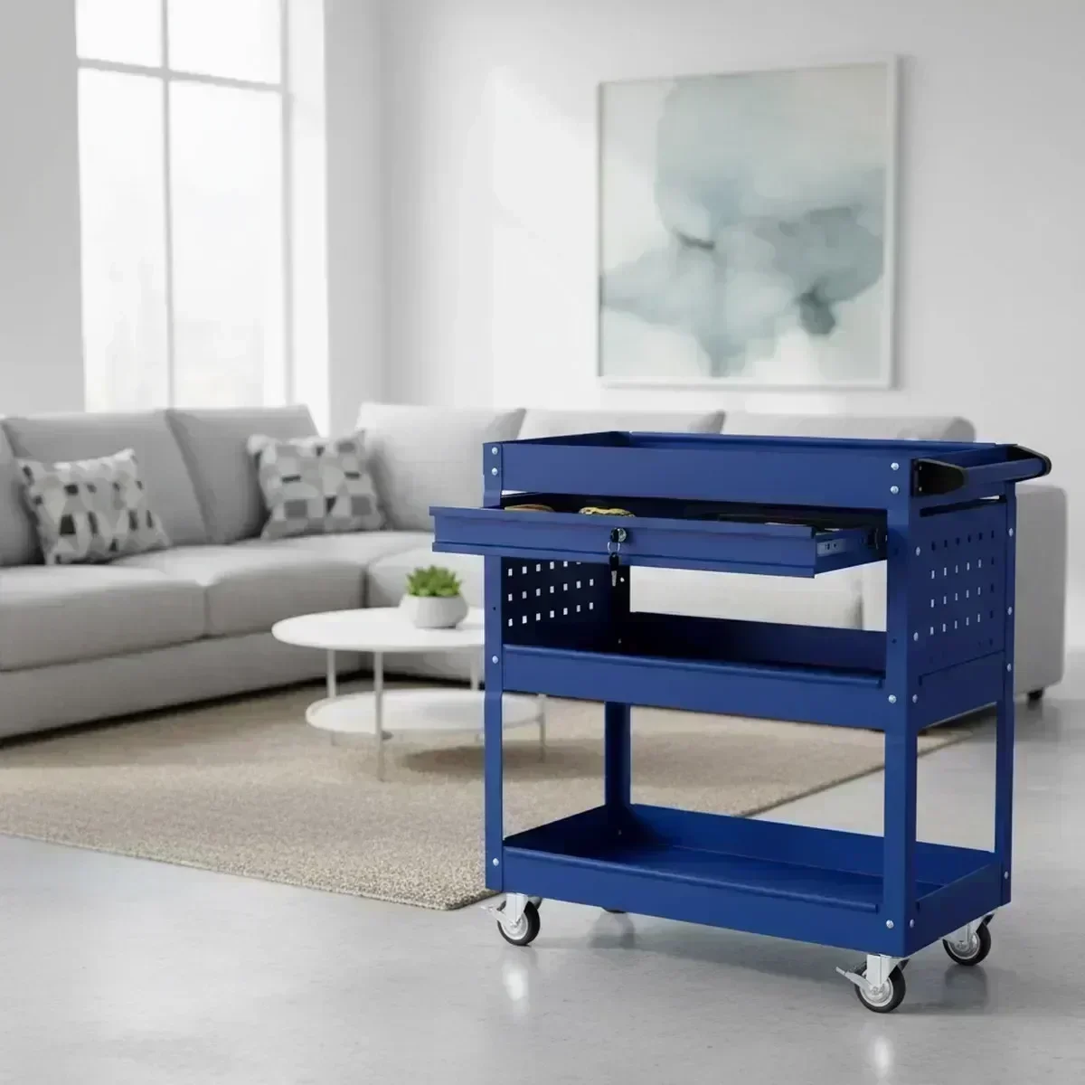 3 Shelf Rolling Tool Cart Lockable Storage Garage Workshop Blue