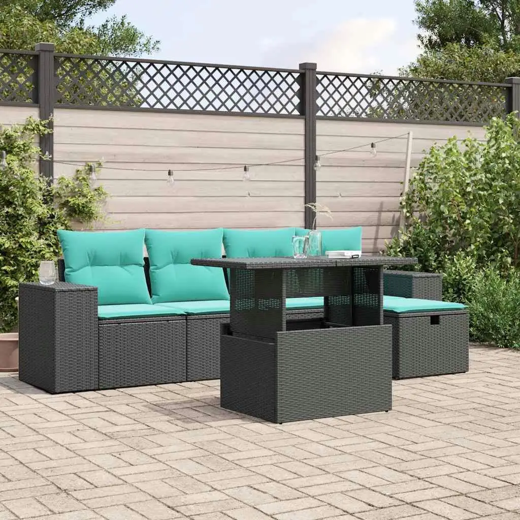 

6 Piece Outdoor Sofa Set with Cushions Black Rattan Patio Furniture