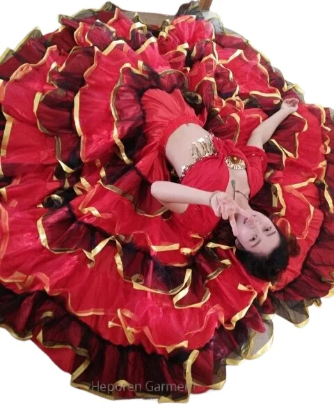 Spanish Red Girls 18-720 Degree Big Swing Flamenco Skirt Women Gypsy Bullfight Belly Dance Dress Performance Stage Dance Costume