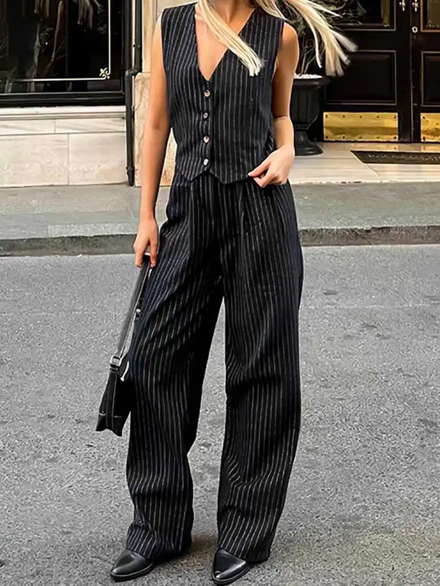 

Bla White Striped Svel Vest And Pants Set Faionable Button up V Ne Two Piece Women's Clothing Summer 2024