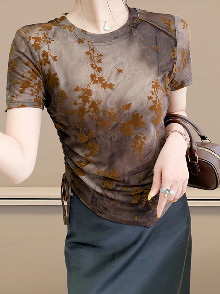 Faionable européen Sle femmes T-shirt été ort Sve velours fleur imprimé ourlet asymétrique Dstring Me haut