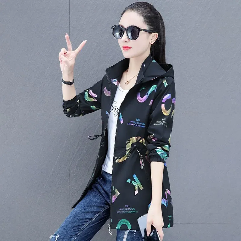 Mid-Length Print Coat Female Spring Autumn 2025 New Fashion Hooded Zipper Jacket Casual Windbreaker Female Loose Outerwear B667