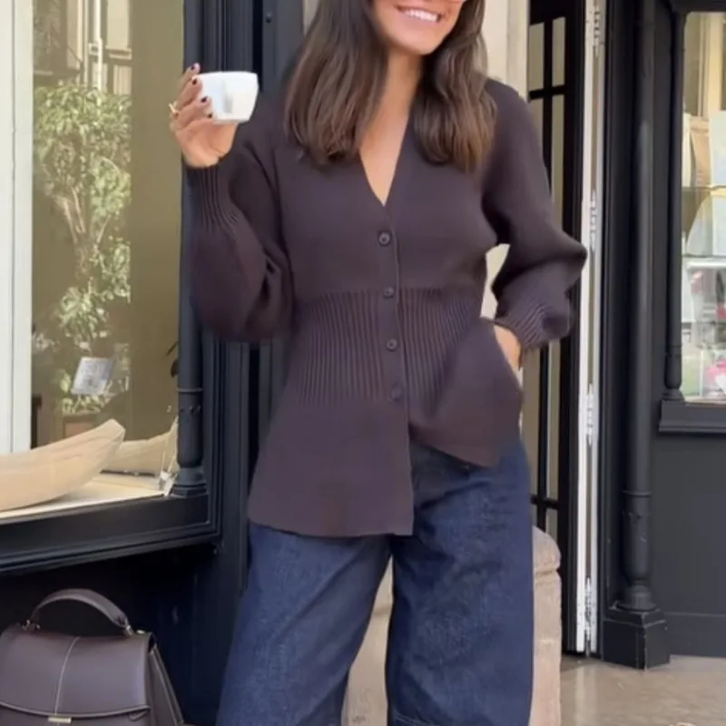 

Slimming Knitted Cardigan Women's Autumn Winter Elegant Temperament Solid Color Single Breasted Buckle With Simplicity Cardigan