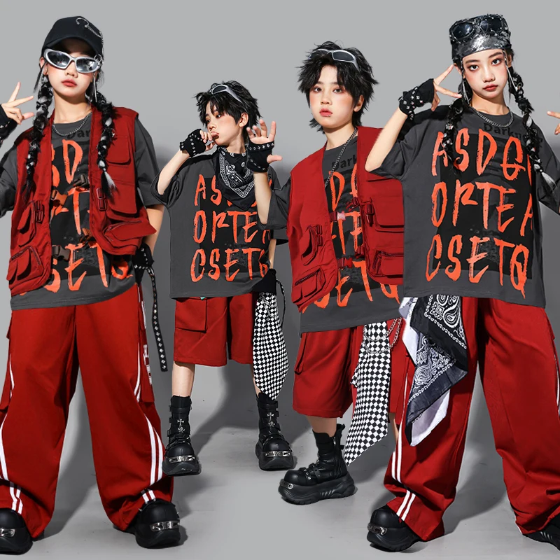 Boys Hip Hop Contrast T-shirt Plaid Cargo Pants Girls Street Dance Jazz Costume Children Clothes Kids K-pop Streetwear