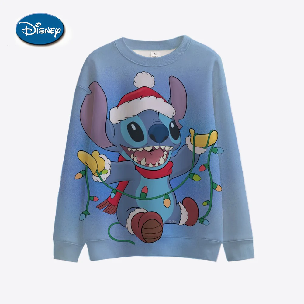 Disney Stitch Women\'s Christmas Hoodie Knitted Sweatshirt Round Neck Long Sleeve Shoulder Sweatshirt Top Harajuku Hoodie