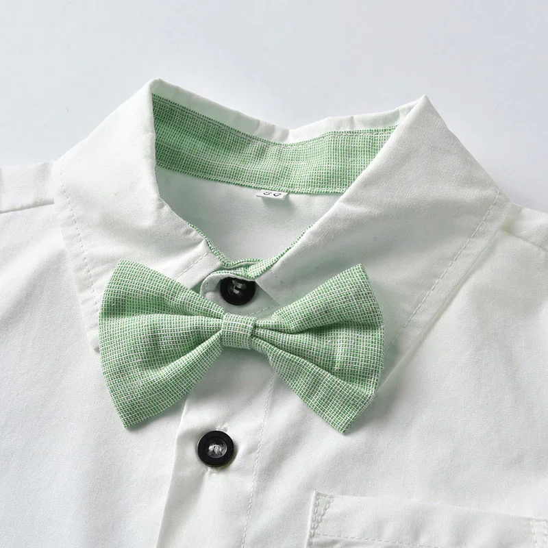 Kids Summer Formal Toddler Baby Boy Gentleman Wedding Cotton Button Down Outfits Short-sleeved Shirt Bow Tie Suspender Pant Suit 4