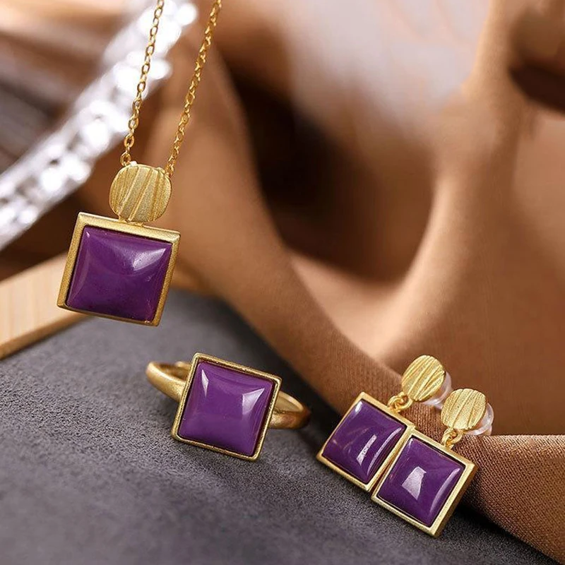 Original new ancient gold craft inlaid enamel porcelain drop glue purple square exquisite earrings ring necklace three-piece set