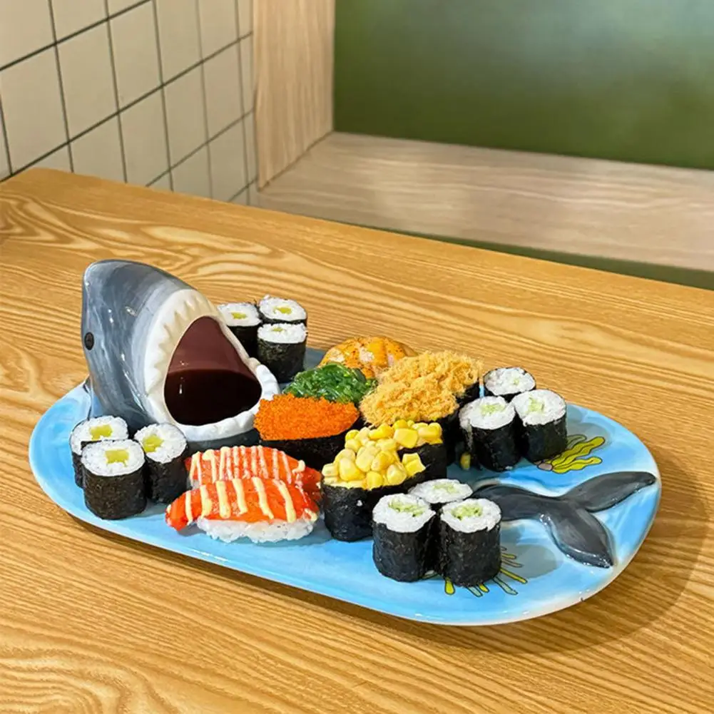 

Sushi Dinner Plate Shark Design Ceramic Sushi Plate with Sauce Bowl Chopstick Holder 3-in-1 Microwave Safe Dinner Tray Fun Shark